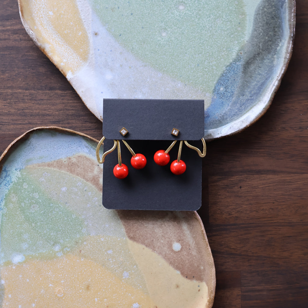 The Red Double Cherry, gold, pair of earrings